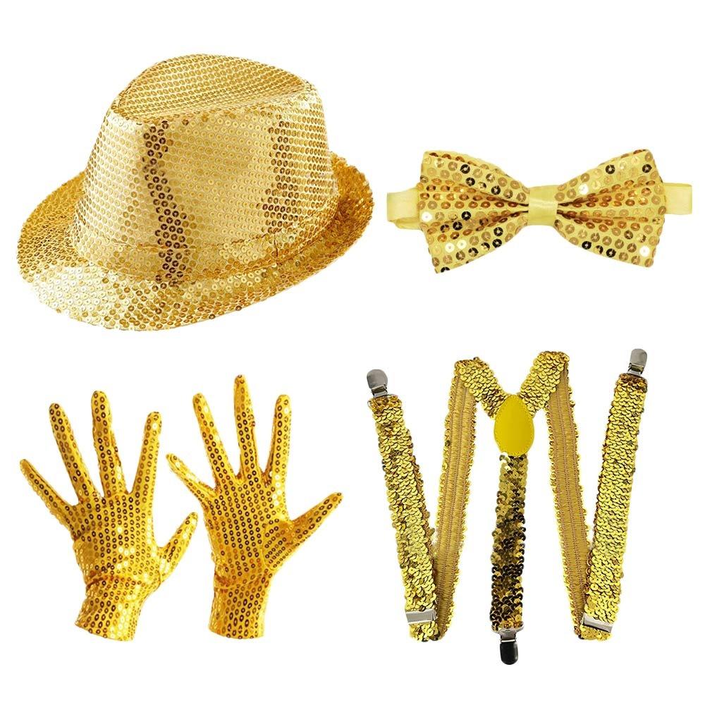 Блестящий набор с пайетками: шляпа, галстук, перчатки. Маскарадный костюм для диско, сцены, для мужчин и женщин.