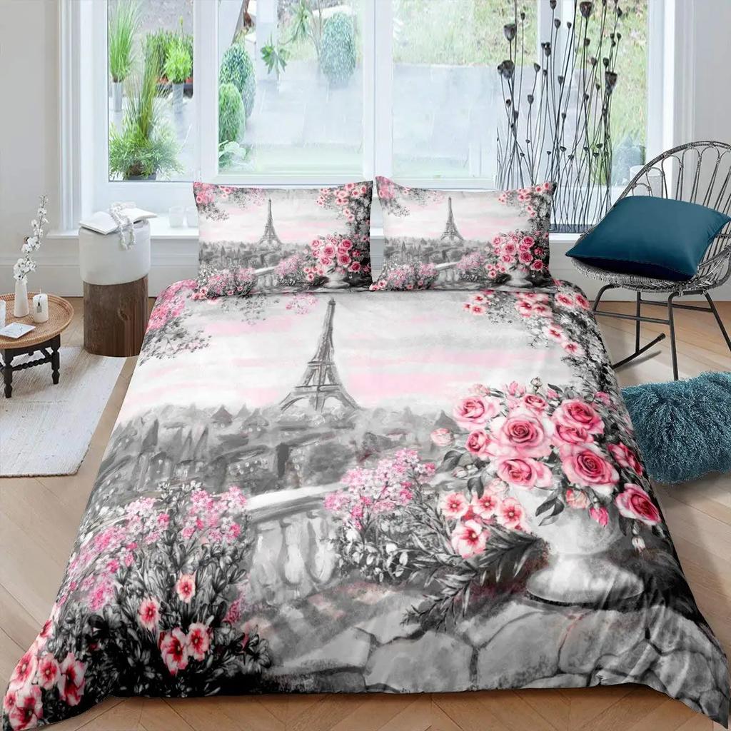 Пододеяльник «Эйфелева башня» Романтичный Современный Городское здание Парижа Красный и Синий Пододеяльник для пары Аксессуары Декор для девочки-подростка