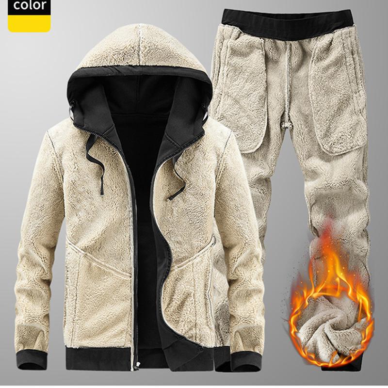 Мужские зимние флисовые комплекты, толстые толстовки + брюки, костюм, толстовка с капюшоном, спортивные костюмы