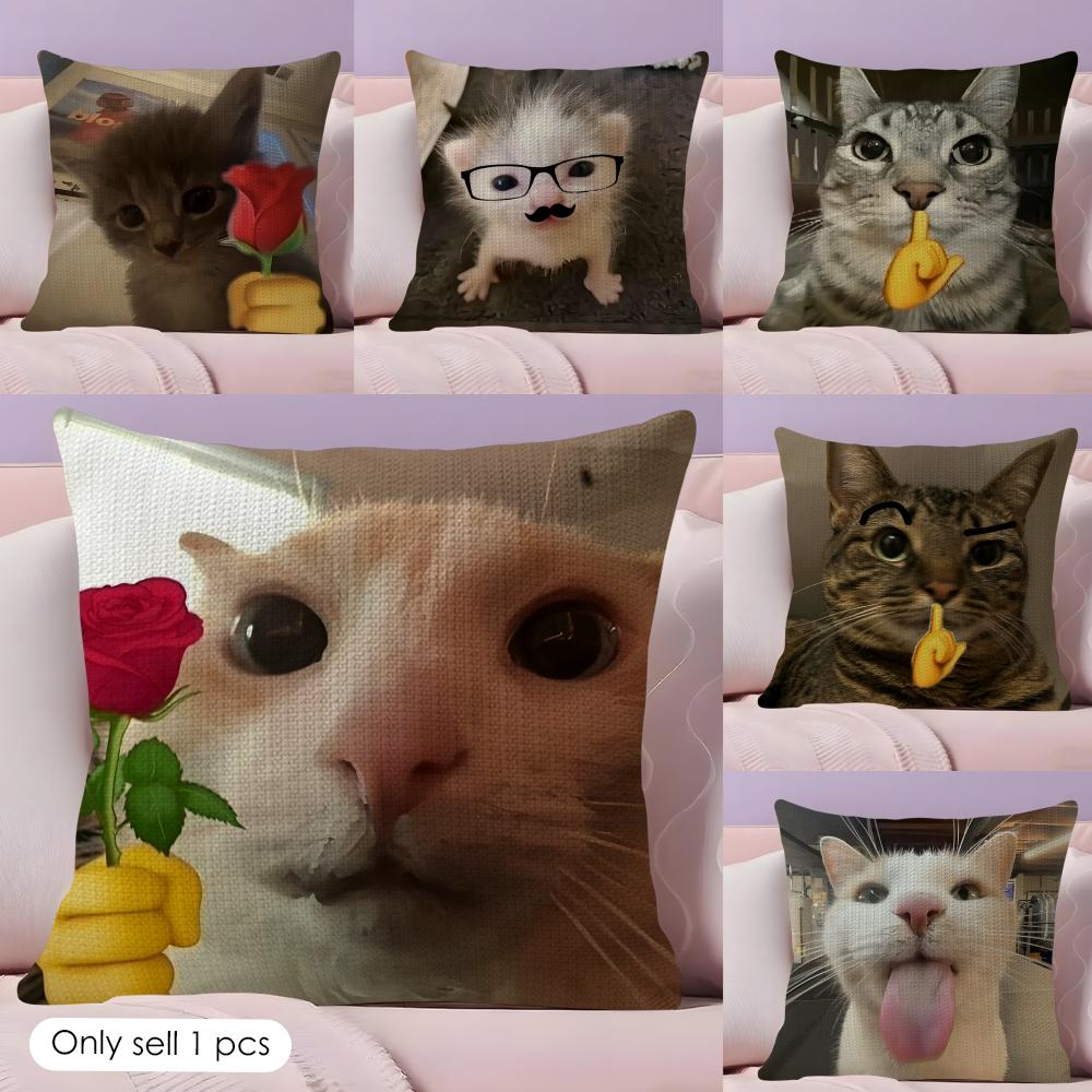 Cartoon Cat Meme Cushion Cover Natural Linen Pillow Case DoubleSided Print Decorative Sofa Pillowcase Home Decor Gift