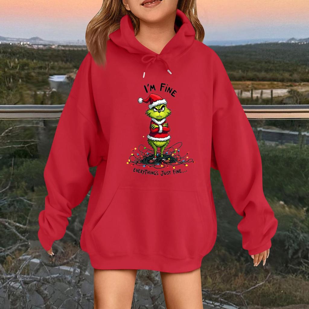 Детская модная повседневная толстовка с капюшоном свободного кроя с длинными рукавами и рождественским принтом