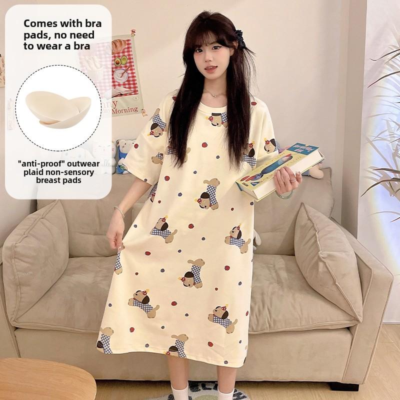 Женские ночные рубашки с коротким рукавом и нагрудными подушечками, женская летняя домашняя одежда с мультяшным принтом, милая ночная рубашка для девочек, размер плюс 3XL, домашняя одежда