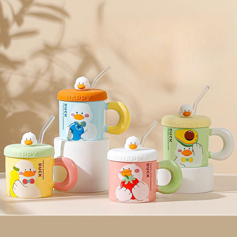 Mug with Lid Straw Cup Cute Little Duck Ceramic Cup Couple Water Cup Creative Souvenir Cup Coffee Cup
