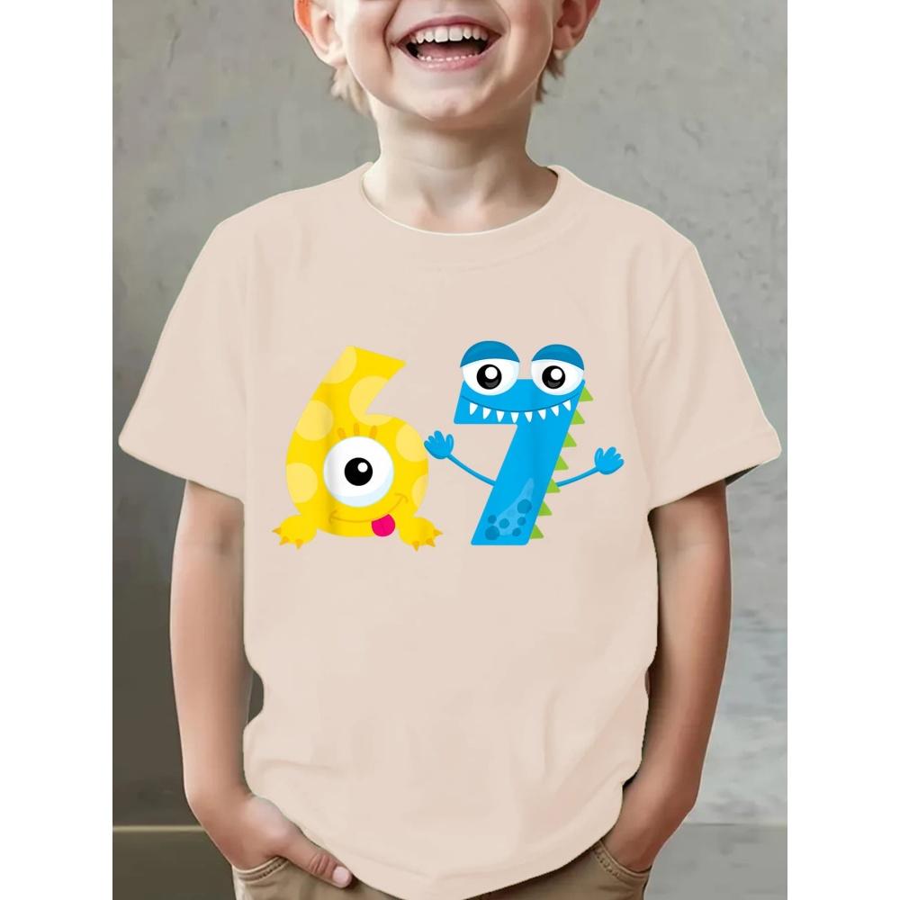 Мальчиковая футболка с графическим 3D-принтом числа 67, удобный топ с коротким рукавом и круглым вырезом, летняя повседневная спортивная детская футболка