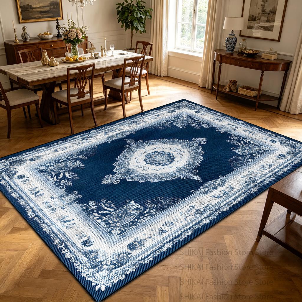 Retro Blue White Persian Living Room Carpet Antiskid Washable Decoration Home Decoration Home Rug Soft Plush Entrance Door Mat