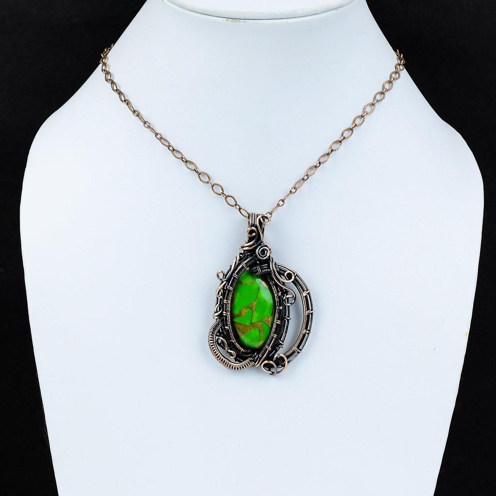Copper Green Turquoise Pendant Copper Wire Wrapped Pendant Gemstone Pendant Copper Wire Jewelry Brand New Pendant For Gift Handmade Jewelry