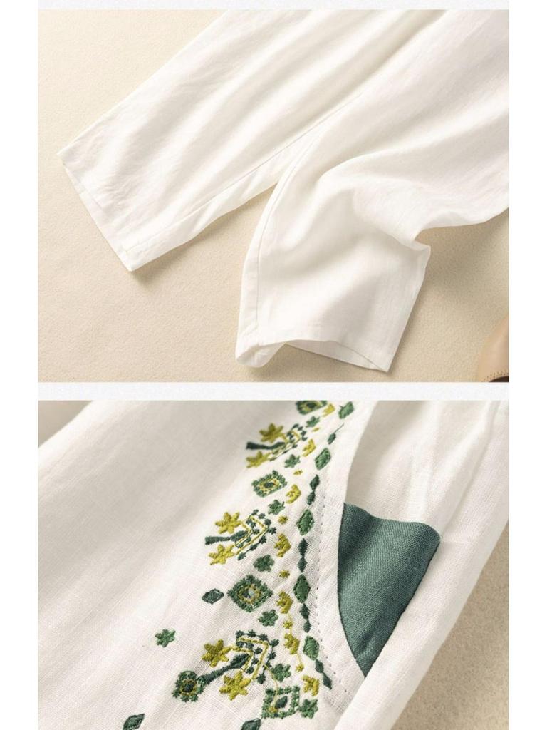 Женские ретро вышитые хлопково-льняные брюки-морковки: 2024 Свободный стиль гарема для весны, лета и осени