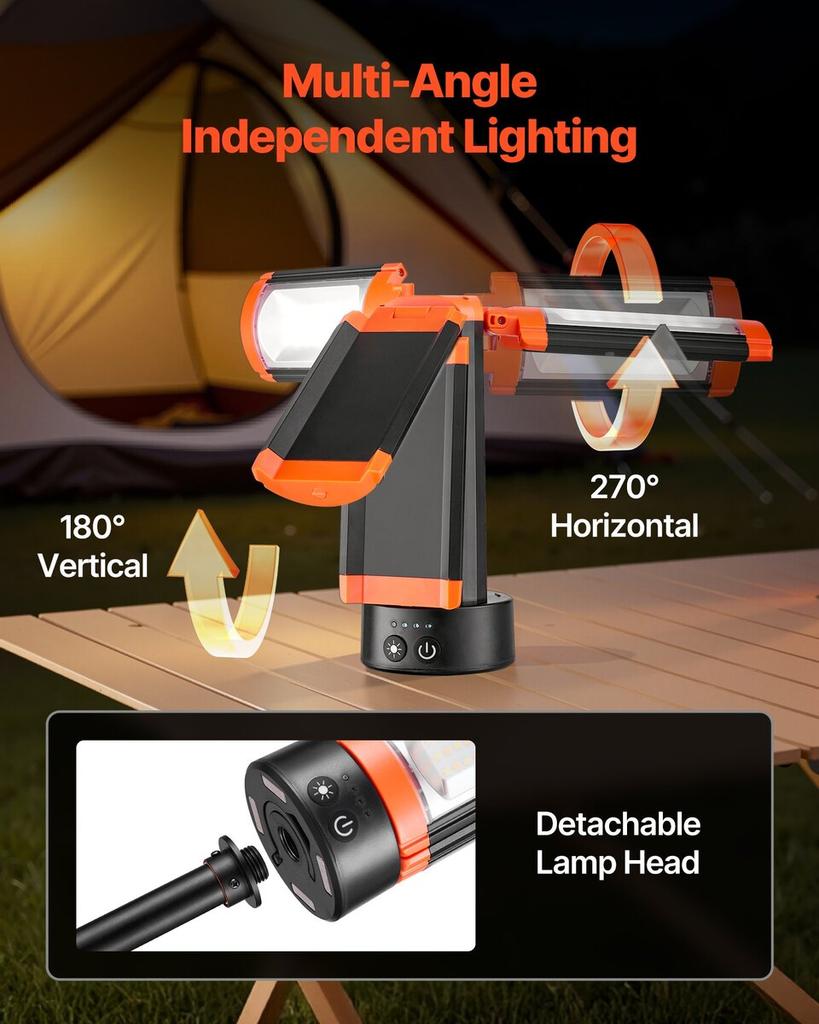LED Work Light with Stand, 8Ah, Rechargeable Cordless Camping Light, with 3 Lamp Heads, Detachable Tripod Stand, 2200 Lumens 3000K-6500K Dimmable,
