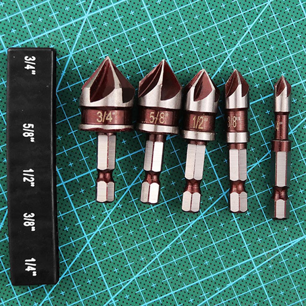 5 Piece Hex Shank 82 Degree 5 Flute Countersink Drill Bit Set For Metal Wood Plastic With Durable Construction And Reduced Vibration
