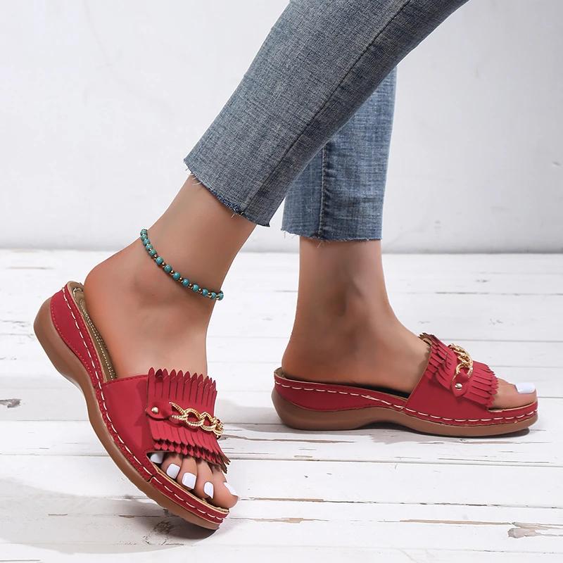 Модные женские танкетки Нескользящие ПУ Водонепроницаемые Ретро Однотонные Шлепанцы Женские Летние Новые Повседневные Пляжные Для Отпуска Сандалии с Круглым Носком