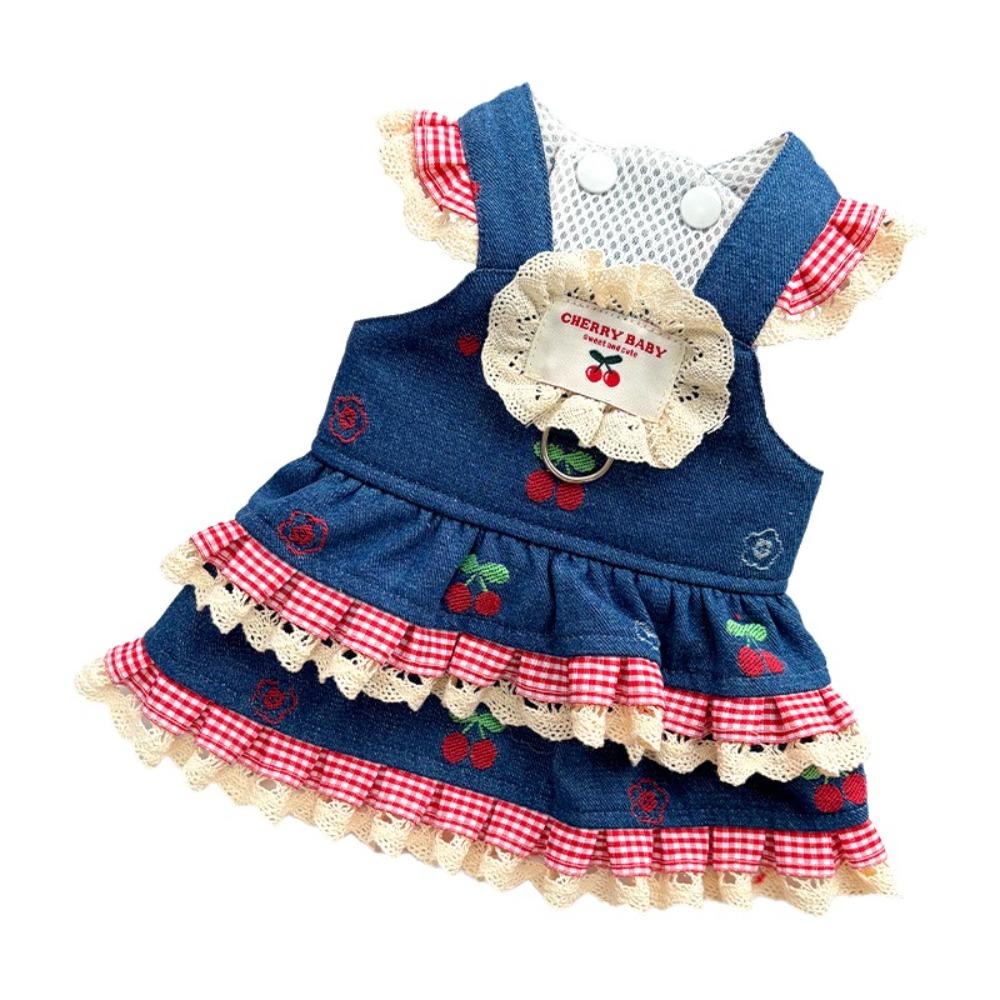 Fashion Trendy Denim Cherry Pet Dog Skirt Breathable Mesh Soft Vest Dog Denim Dress Washable Lace Cat Clothes Cats Kitten