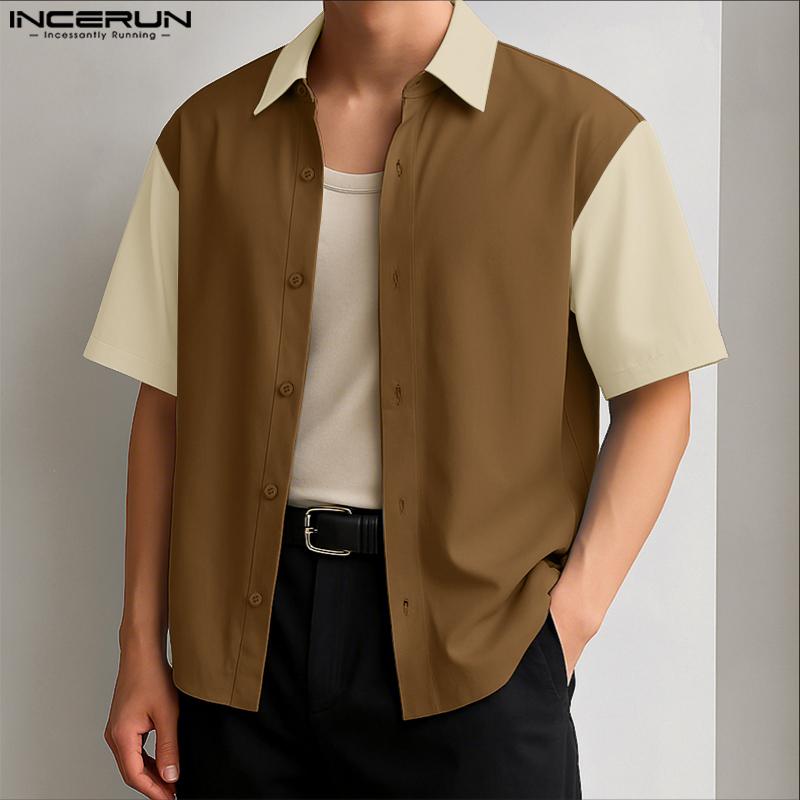 INCERUN Мужские рубашки оверсайз с лацканами, пэчворк, на пуговицах, повседневные
