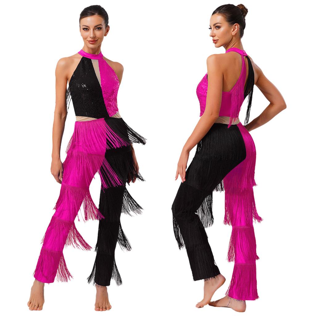 S-XXL Женский комбинезон для латиноамериканских танцев в стиле диско 70-х с пайетками и бахромой, контрастный по цвету, цельный
