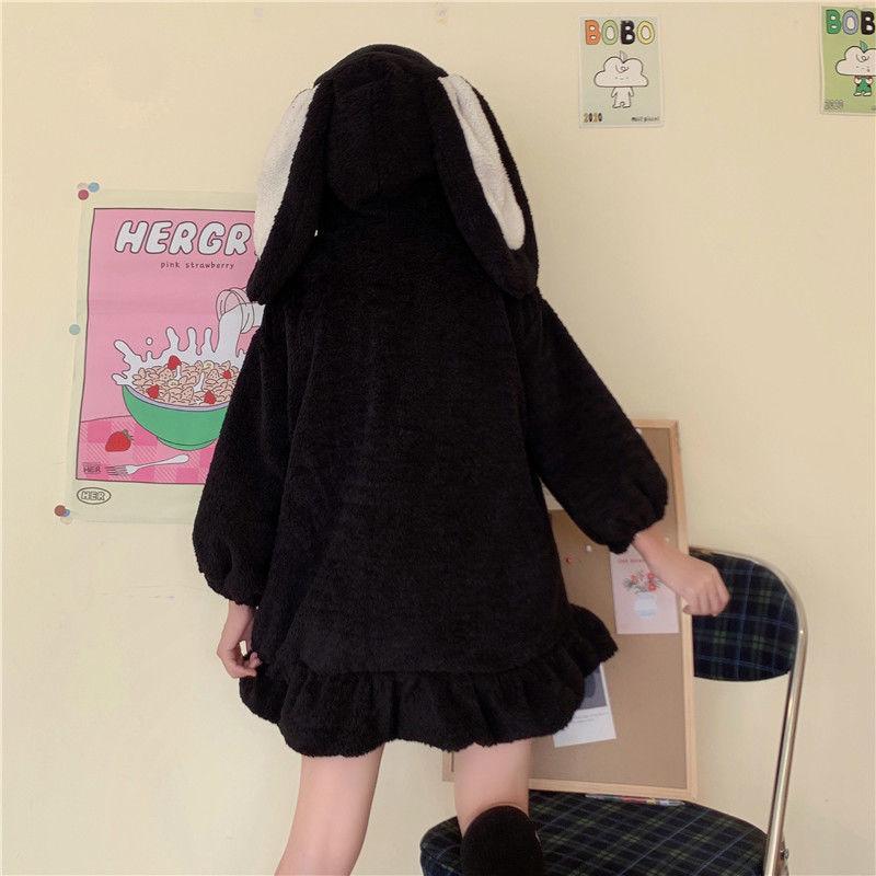 Толстовки Kawaii на молнии, женские зимние негабаритные теплые толстовки с заячьими ушками, милые