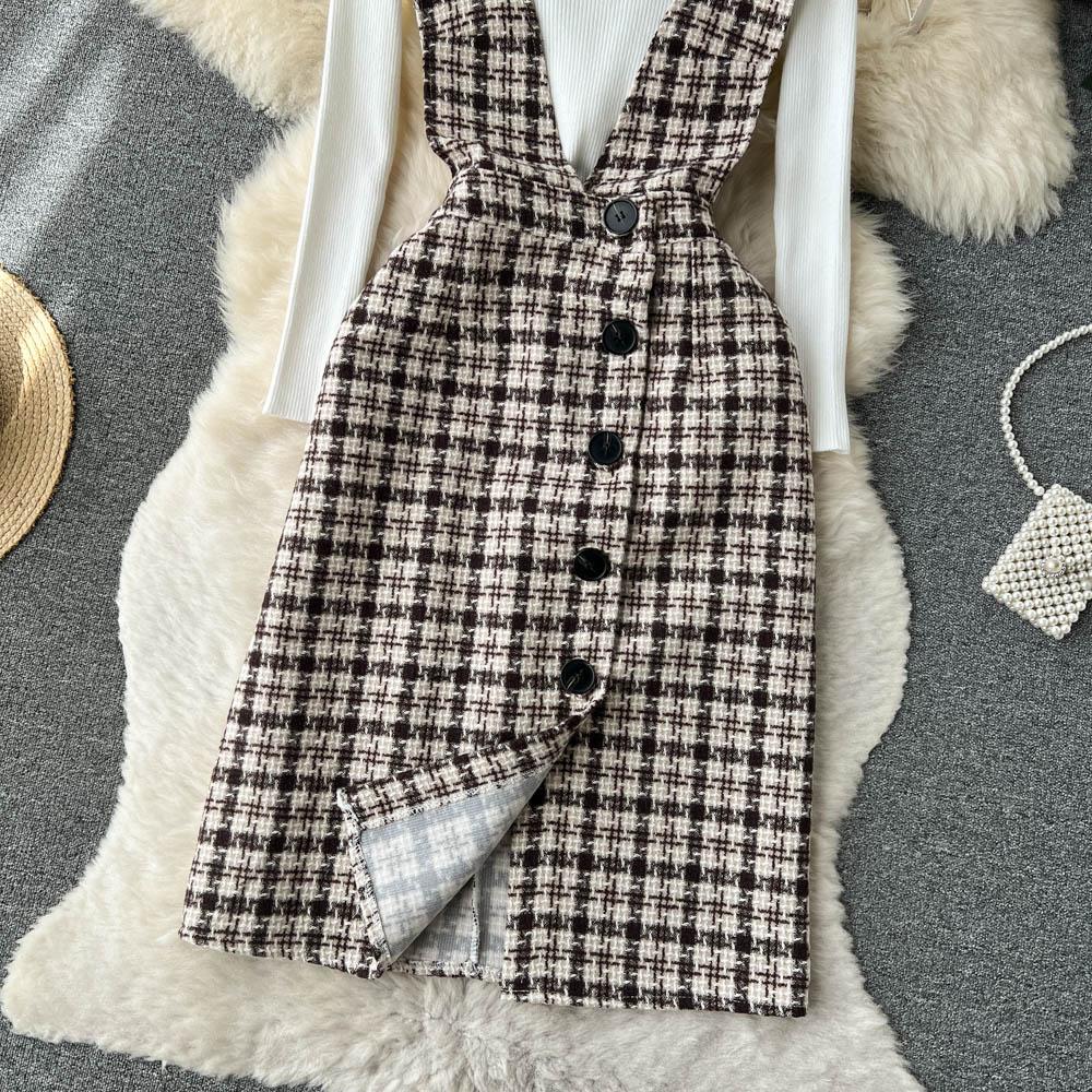 Autumn And Winter Fashionable Knitted Sweater + Bird Check Single-Breasted Straps Skirt Two-Piece Set