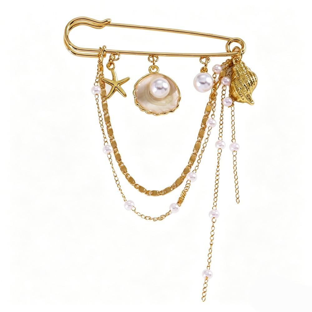 Bead Embellished Imitation Pearl Brooch Gold Color Conch Brooch Accessory  Gift Giving