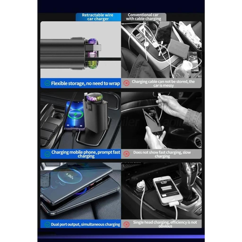 Супербыстрое выдвижное автомобильное зарядное устройство Starlight, 2 выдвижных кабеля и 2 порта USB с освежителем воздуха, для iPhone Samsung