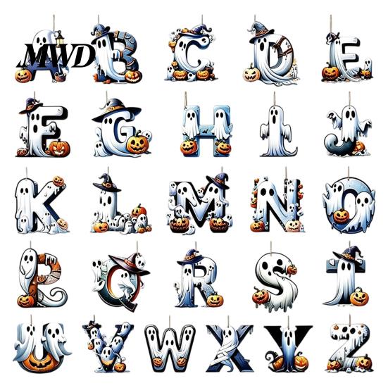Creative Photo Prop Wall Decorations Halloween Letter Ornament, Spooky Hanging Wooden Alphabet Letters Pendant with Ghost Holiday Scenery for
