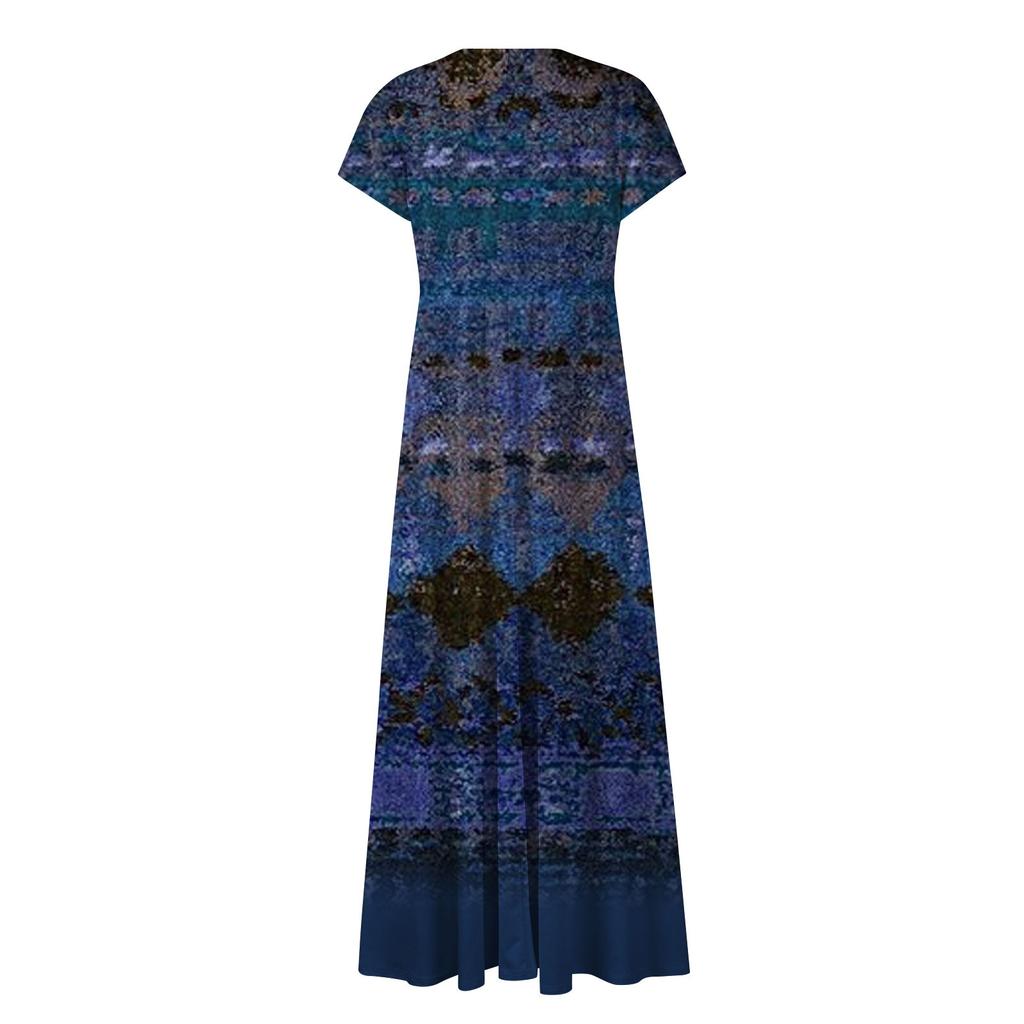 Женское длинное платье Макси-платье Повседневное платье Летнее повседневное платье с короткими рукавами и v-образным вырезом в стиле бохо с талией и принтом