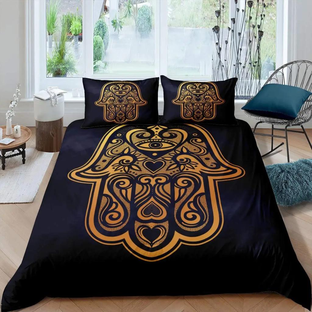 Hamsa Hand Bedding Set Boho Mandala Duvet Cover Set Black Gold Bohemia Bed Set Fatima Hand Bed Linen Lucky Hand Quilt Cover