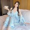Spring Autumn Pajamas Women's Silk Sexy Sling Nightgown Long-sleeved Trousers Home Clothes Thin Ice Silk Three-piece Suit Summer