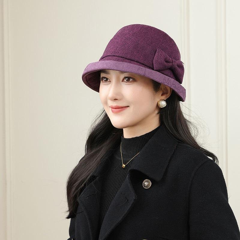 Temperament Fine Plaid Bow Bucket Hat Women's Autumn and Winter Versatile Face Small Elegant Woolen Basin Hat