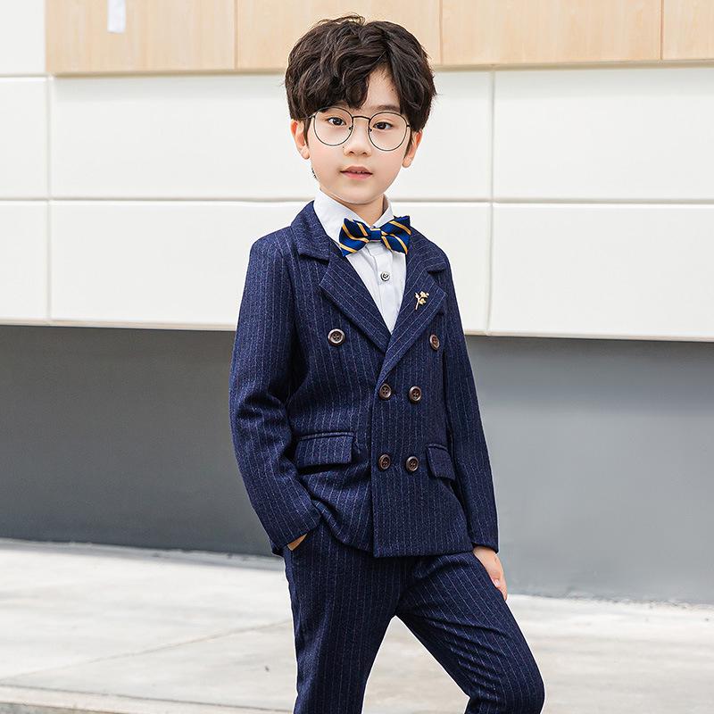 British Style Double-Breasted Boys' Three-Piece Striped Suit Set for Spring and Autumn