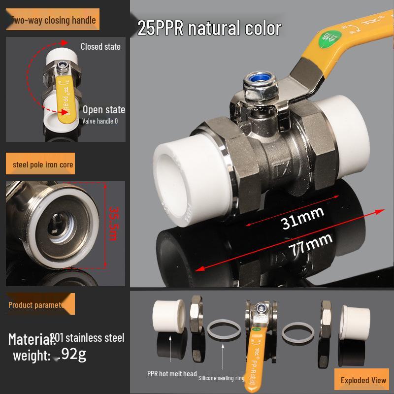 4-Point Double Union 20PPR Stainless Steel Ball Valve for Household Water Pipe Fittings
