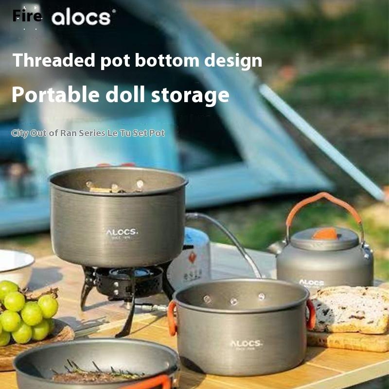 ALOCS Походная посуда для кемпинга 4-в-1 - Кастрюля с резьбовым дном, Компактная конструкция, Семейный кемпинг (2.2л + 1.4) Большая кастрюля + Сковорода + Чайник