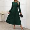 Temperament Women's Dress Cross Long Sleeve Pressed Pleated Round Neck High Waist Long Dresses