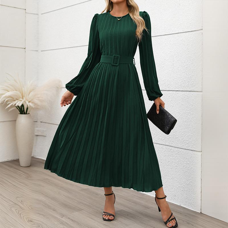 Dress for Women with Long Sleeves Pleated Round Neck, High Waist Long Dress