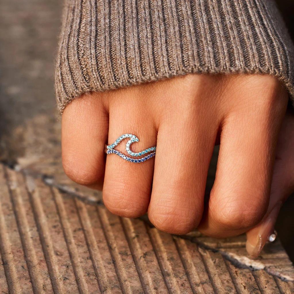 Cubic Zirconia Blue Double Wave Ring Simple Design Sea Wave Adjustable Rings Trendy Ocean Surf Jewelry Gift Wholesale