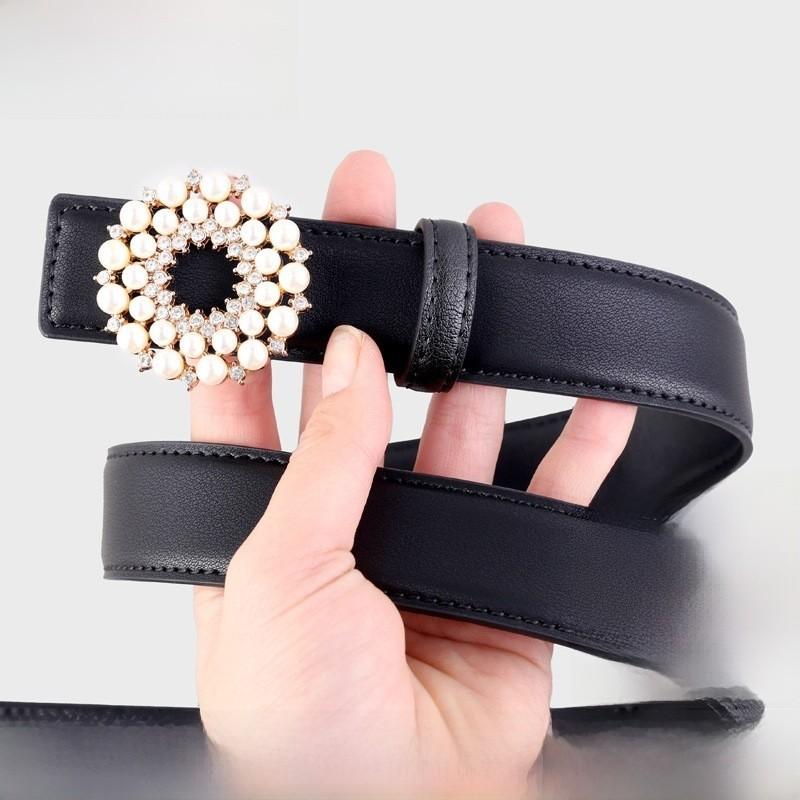 Womens Pearl Embellished Leather Belt With Alloy Buckle For Casual Dress And Jeans Accessories