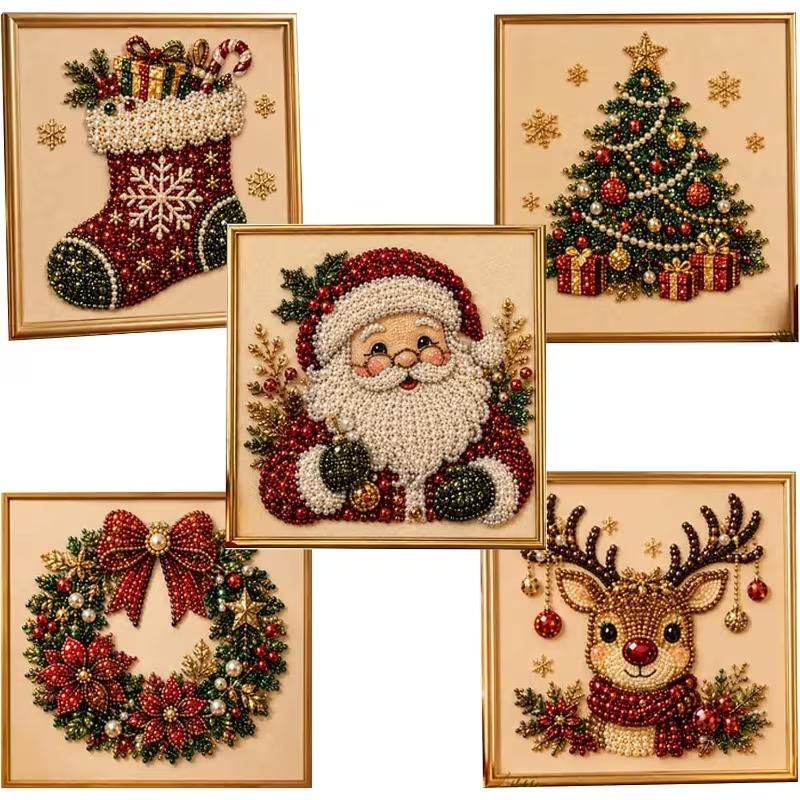 DIY Christmas Pearl Diamond Painting Kit, 2D Santa Claus Diamond Art Craft Set, Creative Holiday Home Wall Decor for Adults and Beginners