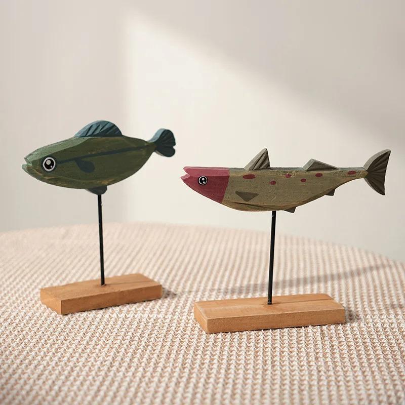 2025 Nordic Wooden Fish Statue Colorful Handmade Wood Style Desktop Ornament Creative Living Room Decor Gift for Home Art Lovers