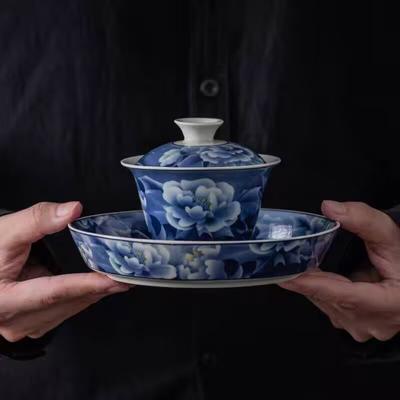 Подглазурная сине-белая фарфоровая посуда для кунг-фу чая, маленький набор, бытовая керамическая чаша с крышкой, чайная чашка, подставка для чайника, полный набор чайной утвари