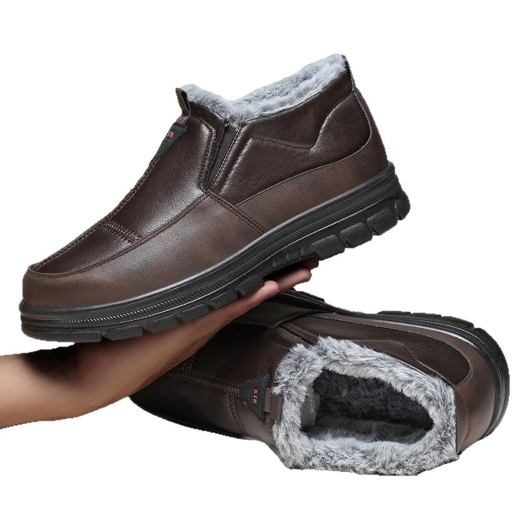 Зимние кожаные сноубутсы мужские нескользящие теплые средние повседневные большого размера легкая подошва удобные мужские ботинки