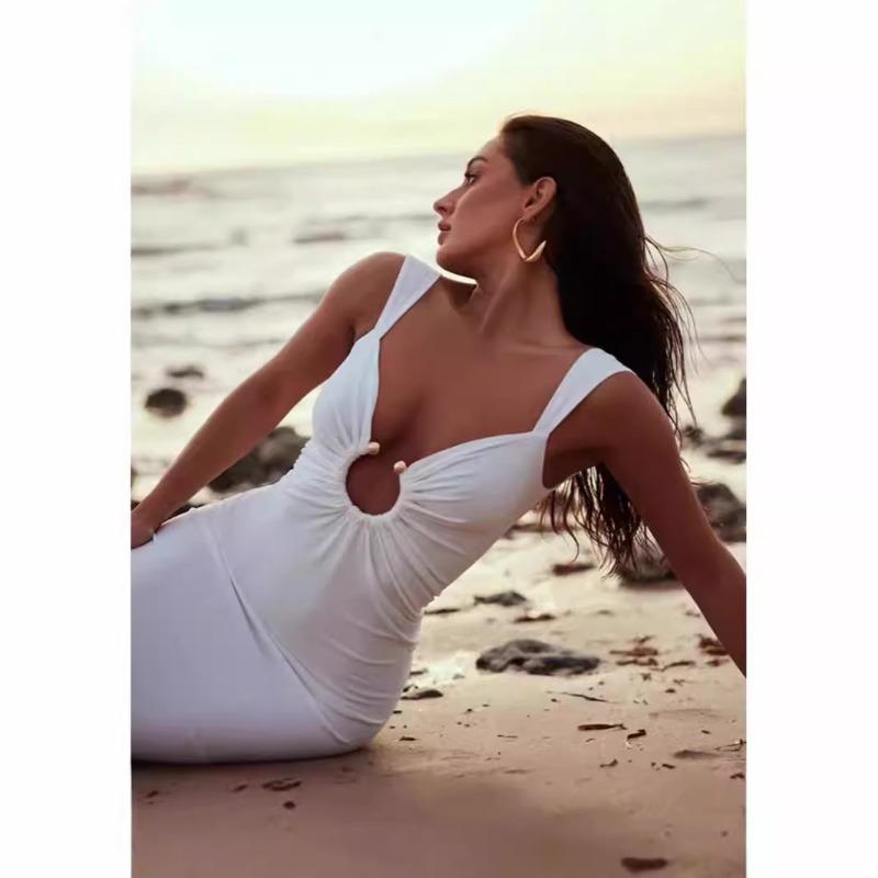 Женское белое облегающее платье без рукавов, летнее сексуальное облегающее коктейльное и вечернее платье с V-образным вырезом и разрезом на спине