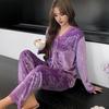 2 Pcs/Set Fall Winter Women Pajamas Suit Lace Trim V Neck Printing Long Sleeve