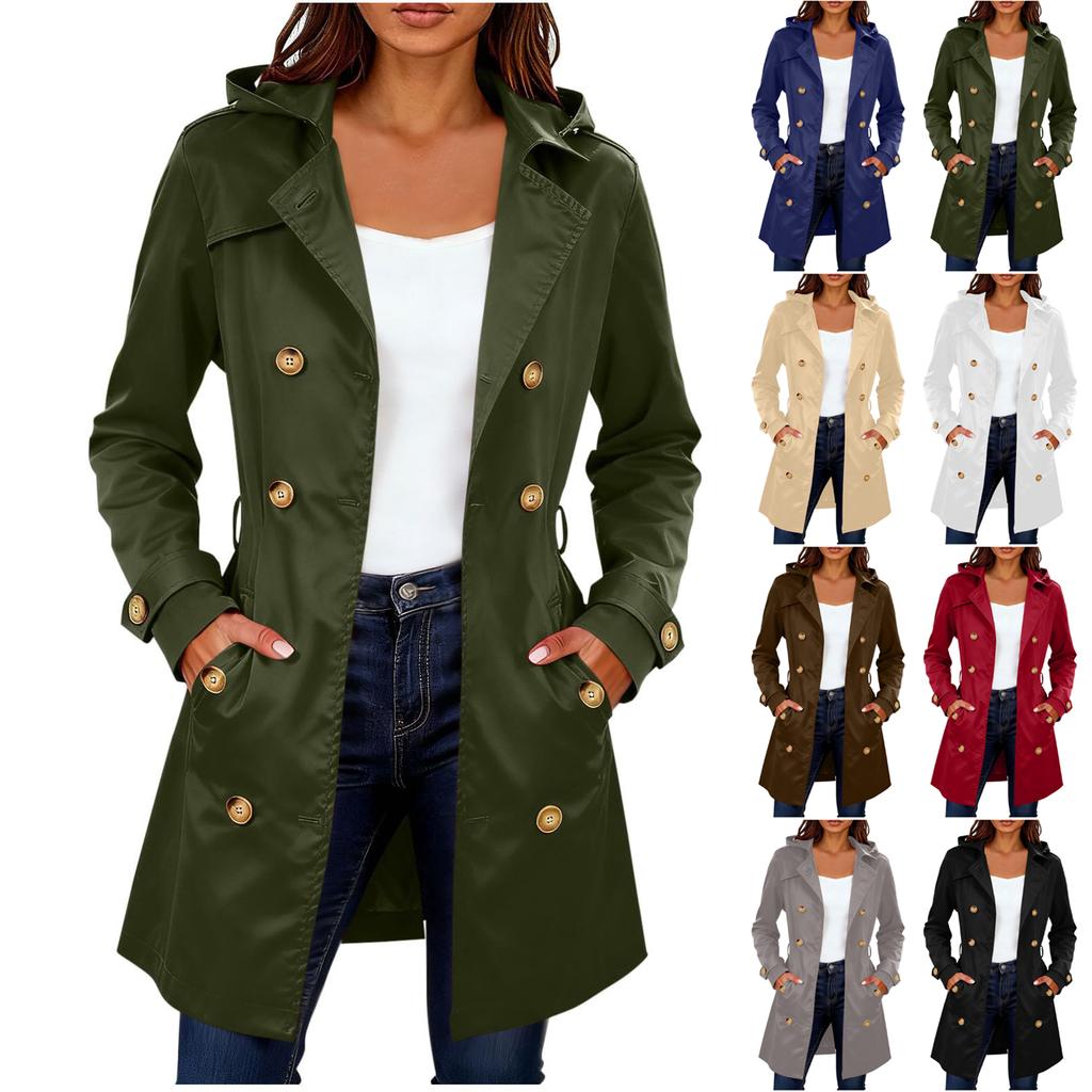 Women's Fashion Solid Color Collar Long Sleeve Double Breasted Windbreaker With Belt Coat