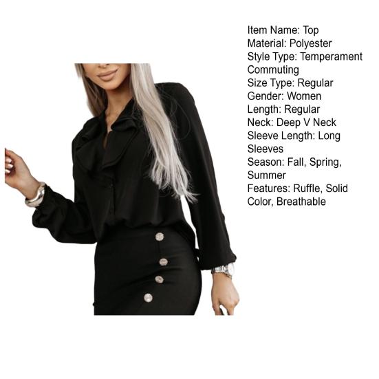 Женский топ с глубоким v-образным вырезом и рюшами, однотонная однобортная мягкая дышащая женская рубашка в повседневном стиле с длинными рукавами, блузка