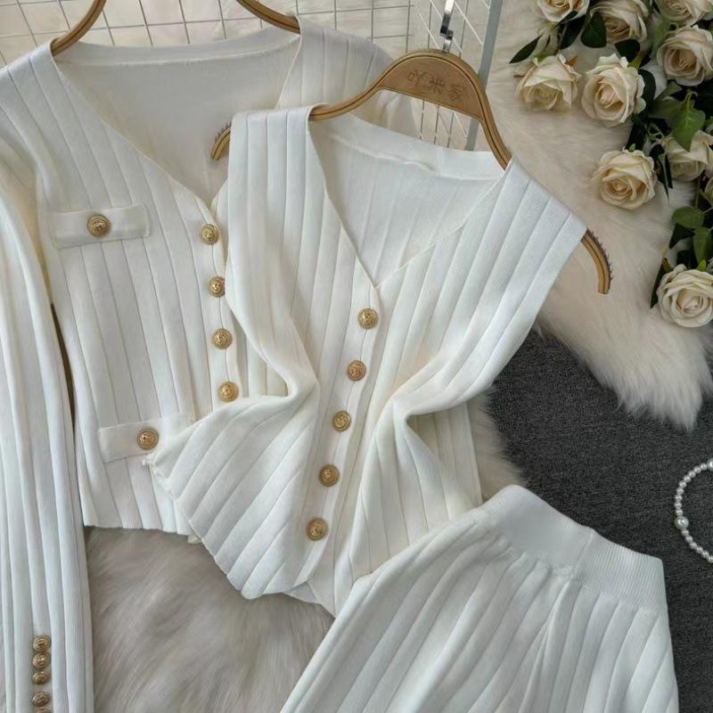 Модный женский костюм, однобортный трикотажный жакет с длинными рукавами и воротником + жилет + прямые широкие брюки с высокой талией, костюм-тройка