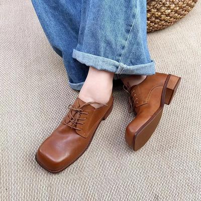 Туфли-лодочки на низком каблуке из натуральной кожи в стиле ретро, ​​однотонная женская обувь Sauare Toe из коровьей кожи на шнуровке