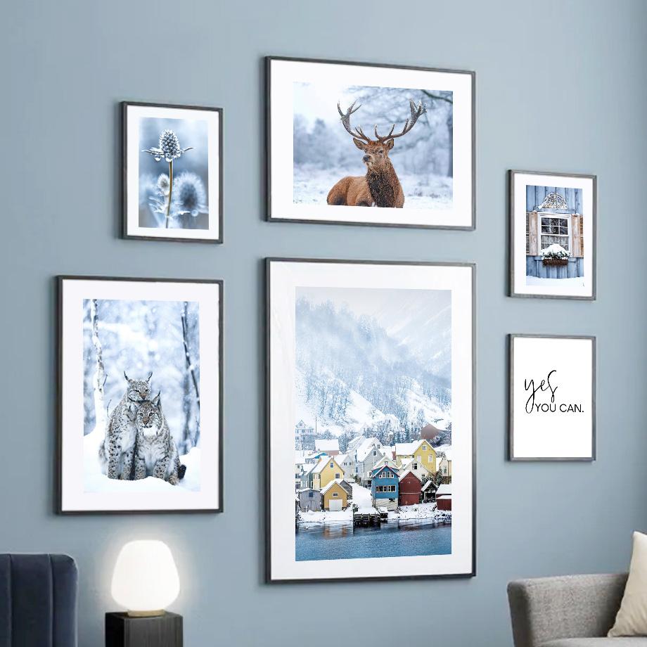 Winter Snow Fores Cabin Leopard Deer Plant Wall Art Canvas Painting Nordic Posters And Prints Wall Picture For Living Room Decor