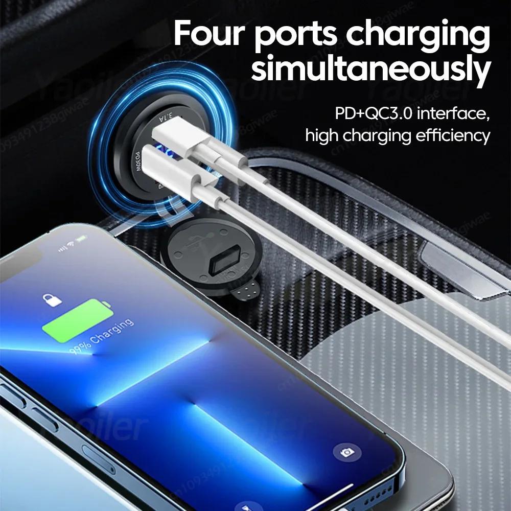 Новое автомобильное зарядное гнездо USB с двумя портами Type-C и USB-A, водонепроницаемое, со светодиодным вольтметром, быстрая зарядка 12 В/24 В для мотоадаптера