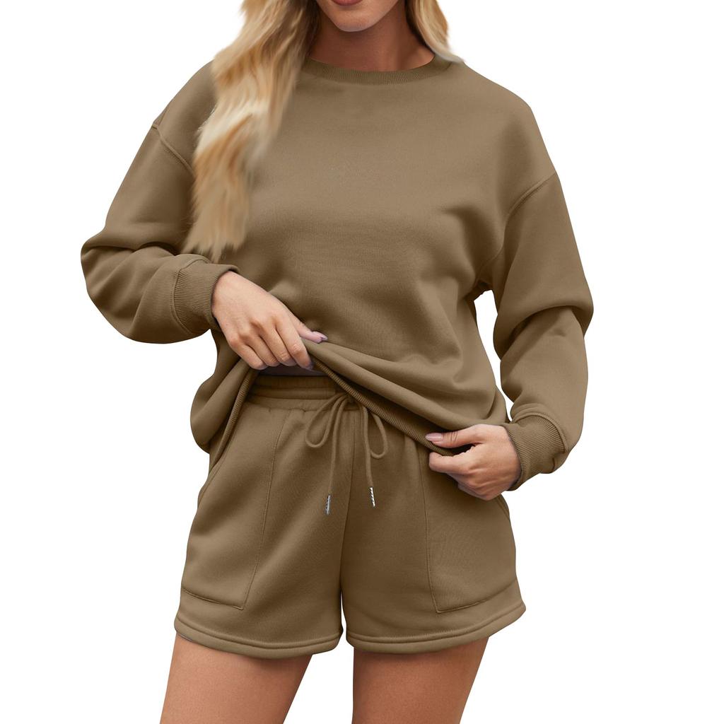 Женский однотонный свитер с воротником-стойкой и застежкой-молнией, длинный рукав, спортивные шорты, домашняя пижама