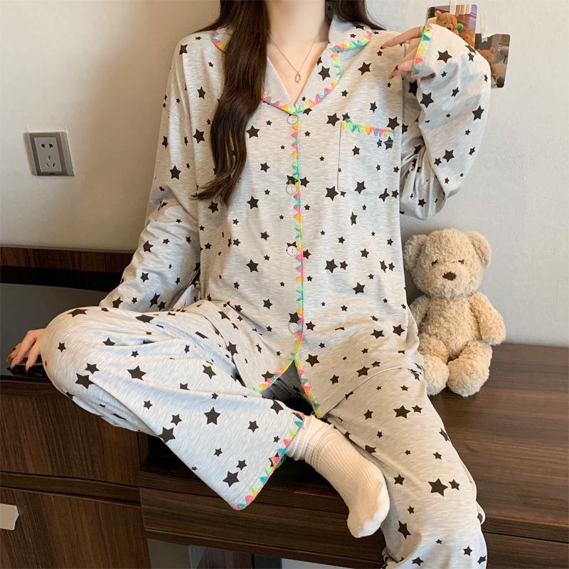 Japanese crescent moon embroidered edge pajamas women's spring new imitation cotton cute cat claws long sleeves two-piece loungewear