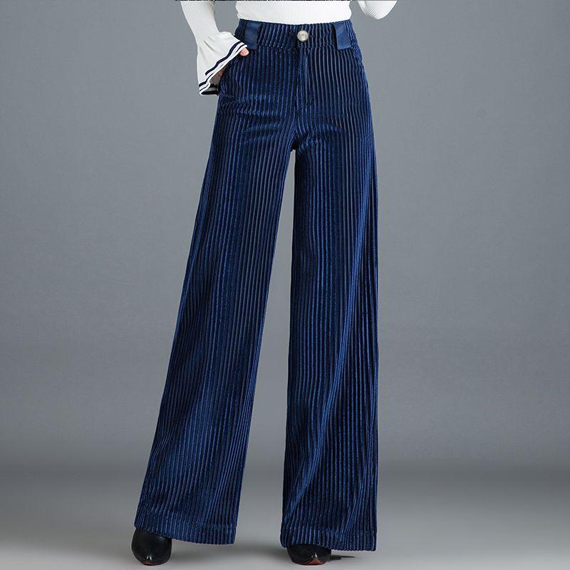 Simplicity Autumn Winter Plus Velvet Pleuche Pants Women Solid Pockets Zipper High Waist Fashion Full Length Wide Leg Trousers