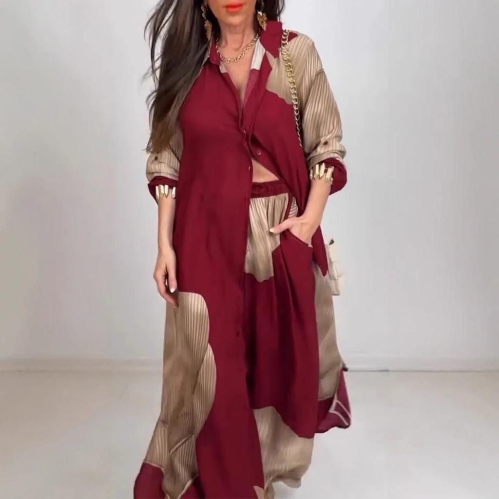 Женский комплект из длинной рубашки свободного кроя и брюк широкого кроя, повседневный костюм-двойка бежевого цвета с серым узором