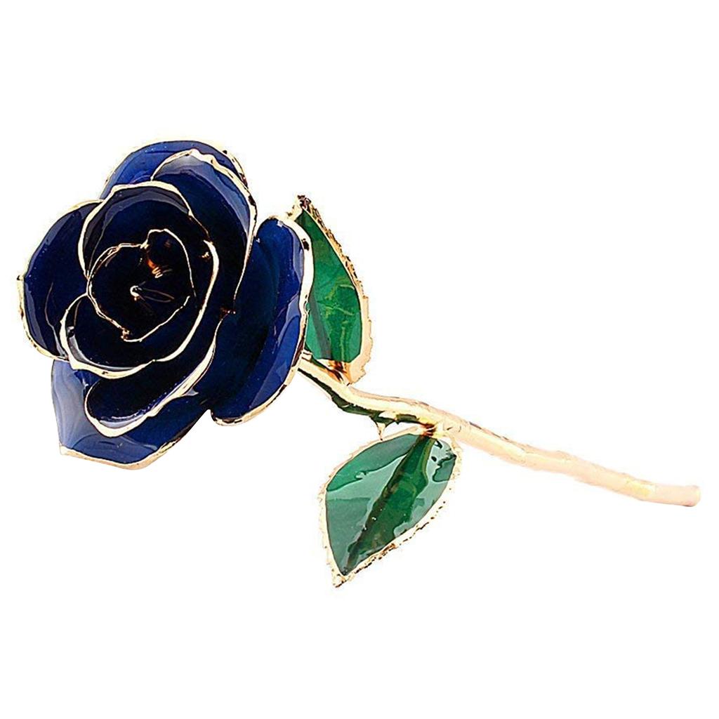 Real Dipped Blue Rose with Bracket Flower Decoration 24K Gold Plated Green Leaf Gift for Birthday